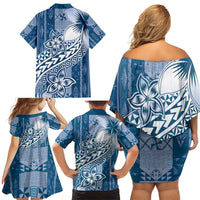 Tonga Kupesi Ngatu Family Matching Off Shoulder Short Dress and Hawaiian Shirt Vintage Blue Plumeria LT05 - Polynesian Pride