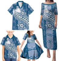 Tonga Kupesi Ngatu Family Matching Puletasi and Hawaiian Shirt Vintage Blue Plumeria LT05 - Polynesian Pride