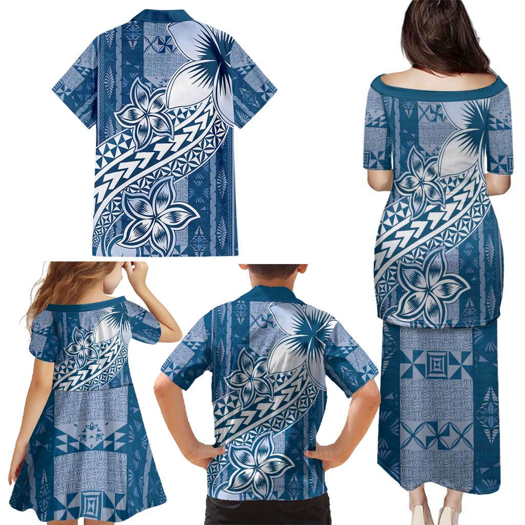 Tonga Kupesi Ngatu Family Matching Puletasi and Hawaiian Shirt Vintage Blue Plumeria LT05 - Polynesian Pride