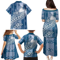 Tonga Kupesi Ngatu Family Matching Puletasi and Hawaiian Shirt Vintage Blue Plumeria LT05 - Polynesian Pride