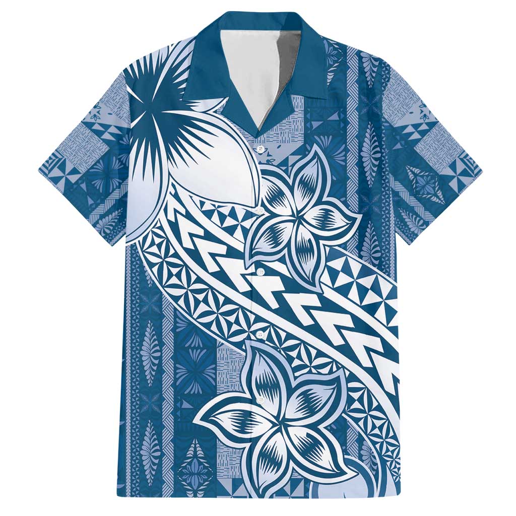 Tonga Kupesi Ngatu Family Matching Short Sleeve Bodycon Dress and Hawaiian Shirt Vintage Blue Plumeria LT05 Dad's Shirt - Short Sleeve Blue - Polynesian Pride