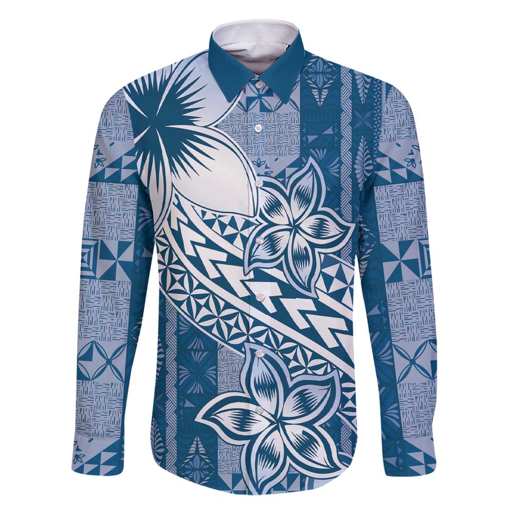 Tonga Kupesi Ngatu Family Matching Short Sleeve Bodycon Dress and Hawaiian Shirt Vintage Blue Plumeria LT05 Dad's Shirt - Long Sleeve Blue - Polynesian Pride