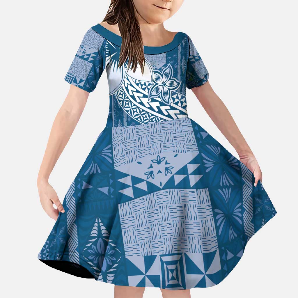 Tonga Kupesi Ngatu Family Matching Summer Maxi Dress and Hawaiian Shirt Vintage Blue Plumeria LT05 Daughter's Dress Blue - Polynesian Pride