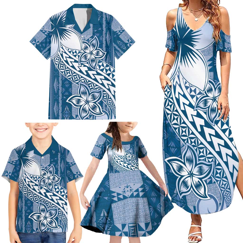 Tonga Kupesi Ngatu Family Matching Summer Maxi Dress and Hawaiian Shirt Vintage Blue Plumeria LT05 - Polynesian Pride
