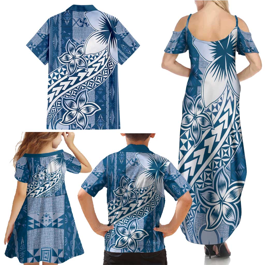 Tonga Kupesi Ngatu Family Matching Summer Maxi Dress and Hawaiian Shirt Vintage Blue Plumeria LT05 - Polynesian Pride