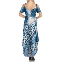Tonga Kupesi Ngatu Family Matching Summer Maxi Dress and Hawaiian Shirt Vintage Blue Plumeria LT05 - Polynesian Pride