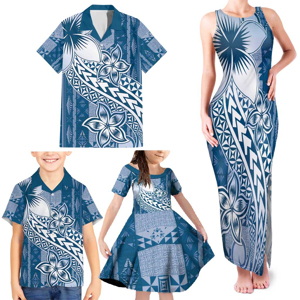 Tonga Kupesi Ngatu Family Matching Tank Maxi Dress and Hawaiian Shirt Vintage Blue Plumeria LT05 - Polynesian Pride