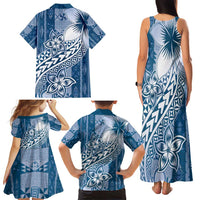 Tonga Kupesi Ngatu Family Matching Tank Maxi Dress and Hawaiian Shirt Vintage Blue Plumeria LT05 - Polynesian Pride