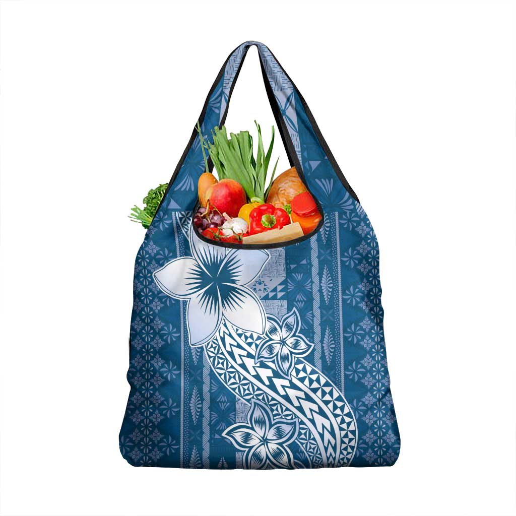 Tonga Kupesi Ngatu Grocery Bag Vintage Blue Plumeria