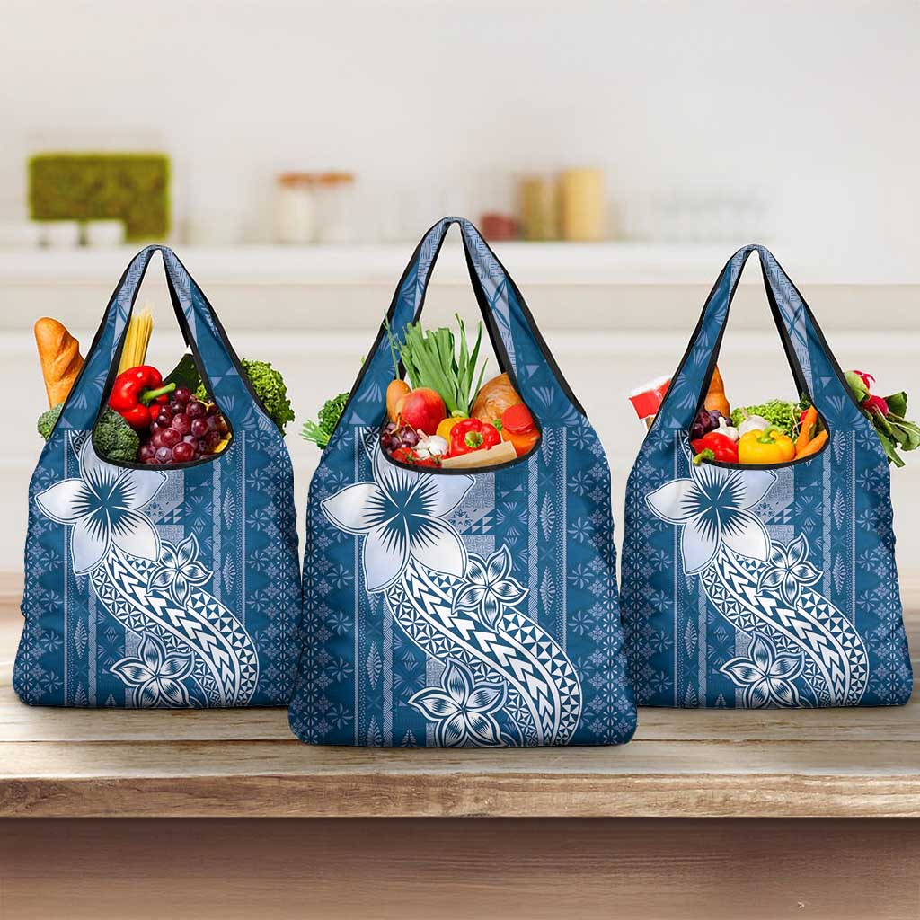 Tonga Kupesi Ngatu Grocery Bag Vintage Blue Plumeria