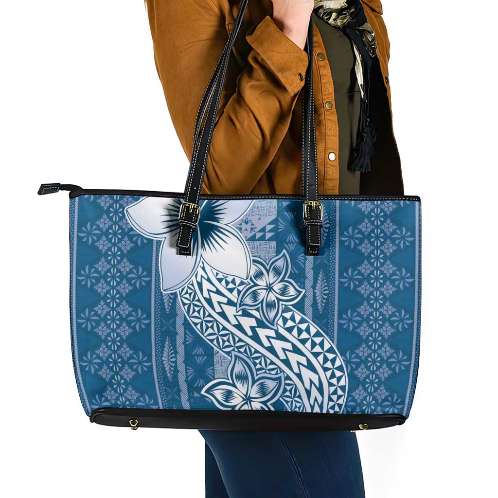 Tonga Kupesi Ngatu Leather Tote Bag Vintage Blue Plumeria
