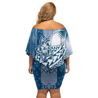 Tonga Kupesi Ngatu Off Shoulder Short Dress Vintage Blue Plumeria