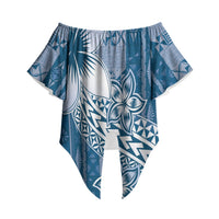 Tonga Kupesi Ngatu Off Shoulder Wrap Waist Top Vintage Blue Plumeria LT05 Blue - Polynesian Pride