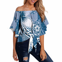Tonga Kupesi Ngatu Off Shoulder Wrap Waist Top Vintage Blue Plumeria LT05 - Polynesian Pride