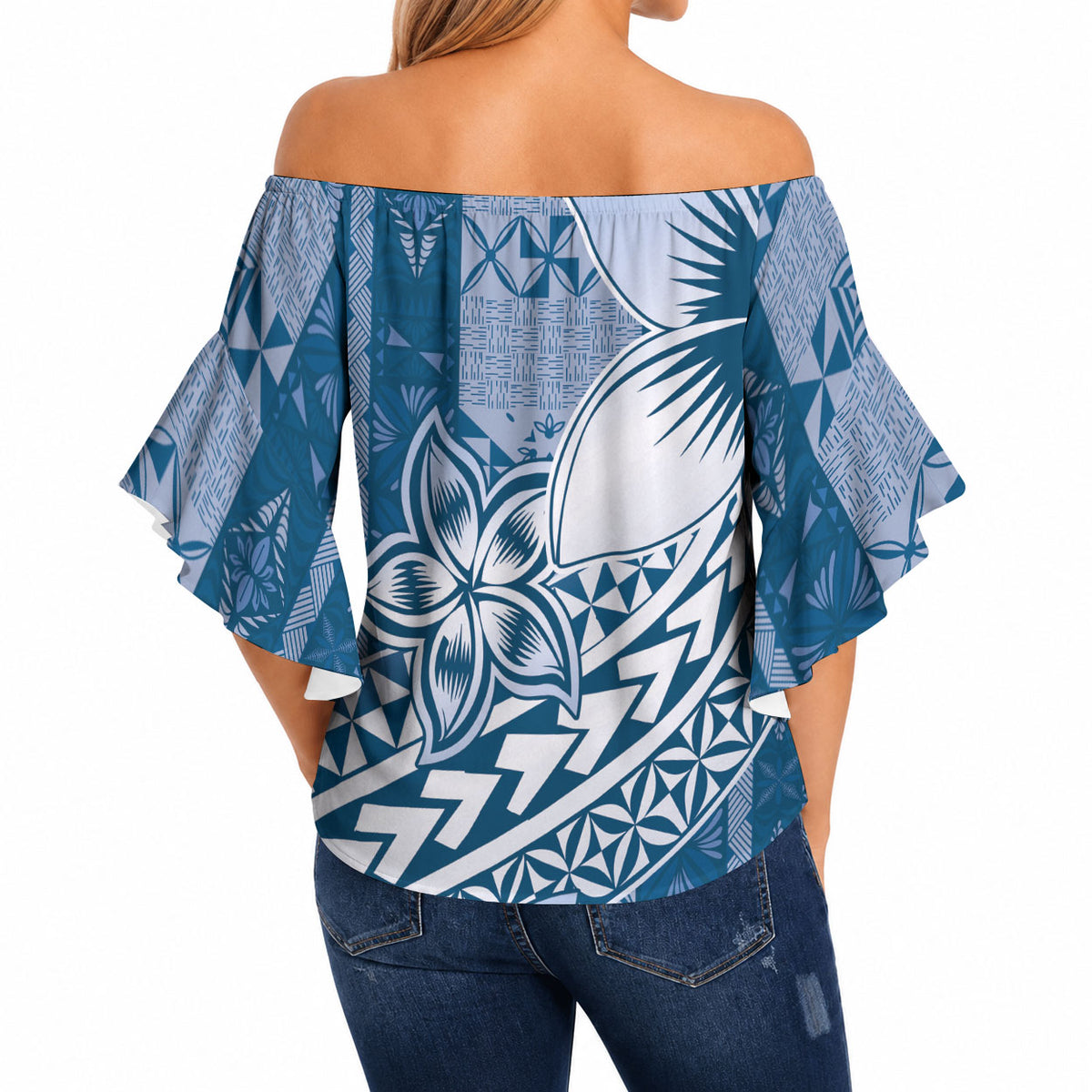 Tonga Kupesi Ngatu Off Shoulder Wrap Waist Top Vintage Blue Plumeria LT05 - Polynesian Pride