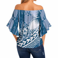 Tonga Kupesi Ngatu Off Shoulder Wrap Waist Top Vintage Blue Plumeria LT05 - Polynesian Pride