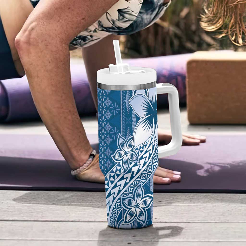 Tonga Kupesi Ngatu Tumbler With Handle Vintage Blue Plumeria