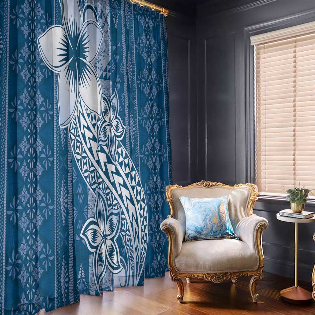 Tonga Kupesi Ngatu Window Curtain Vintage Blue Plumeria