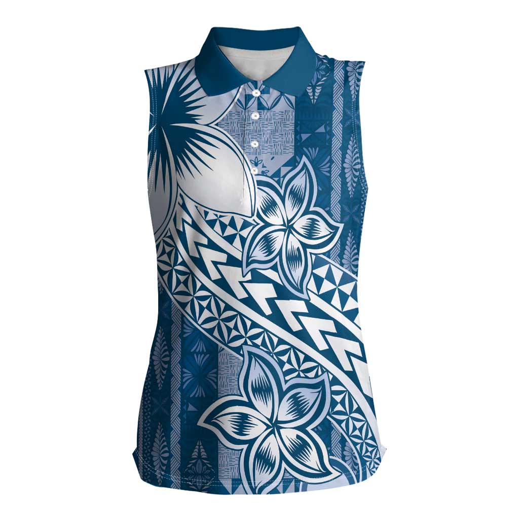 Tonga Kupesi Ngatu Women Sleeveless Polo Shirt Vintage Blue Plumeria LT05 Female Blue - Polynesian Pride