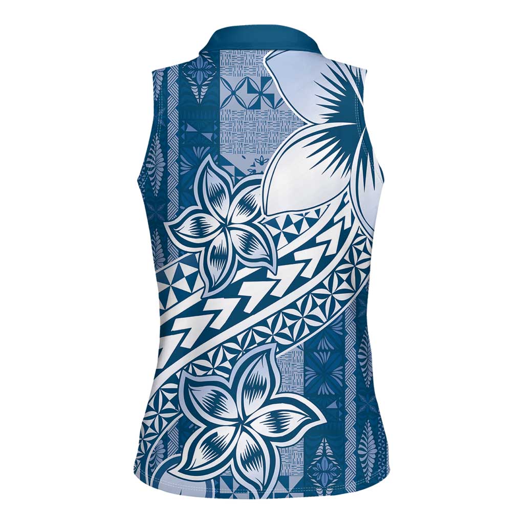 Tonga Kupesi Ngatu Women Sleeveless Polo Shirt Vintage Blue Plumeria LT05 - Polynesian Pride