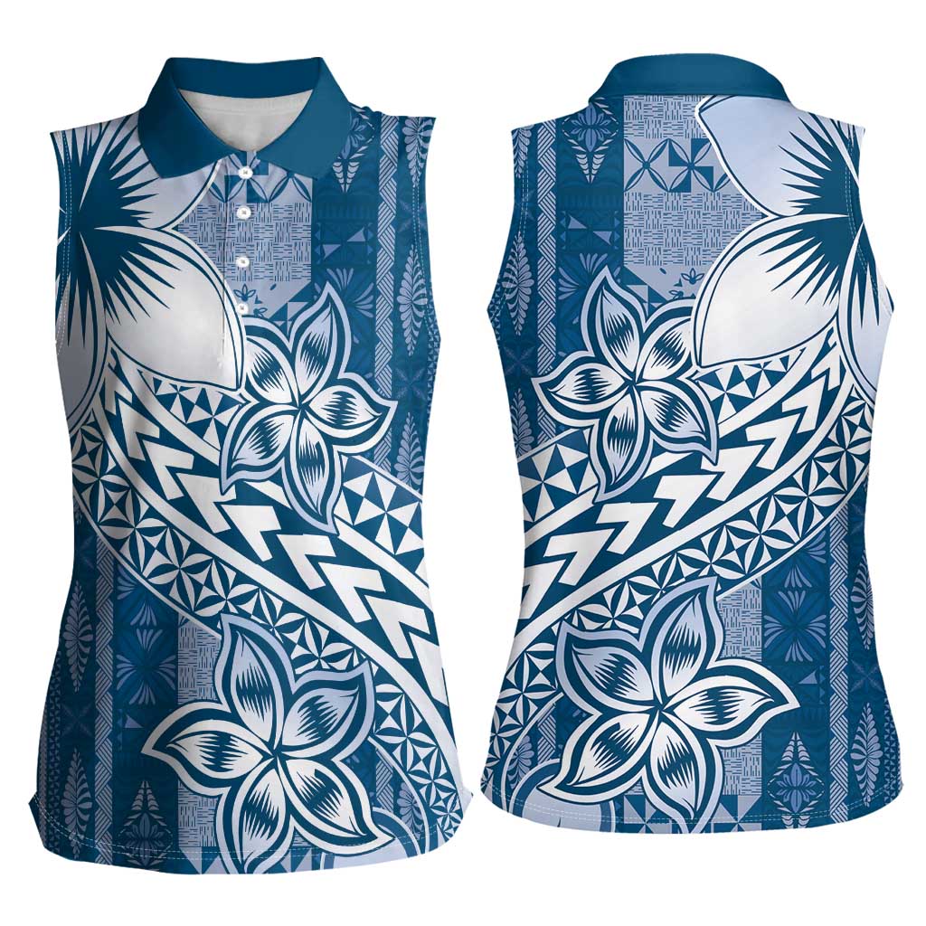 Tonga Kupesi Ngatu Women Sleeveless Polo Shirt Vintage Blue Plumeria LT05 - Polynesian Pride
