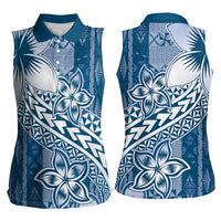 Tonga Kupesi Ngatu Women Sleeveless Polo Shirt Vintage Blue Plumeria LT05 - Polynesian Pride