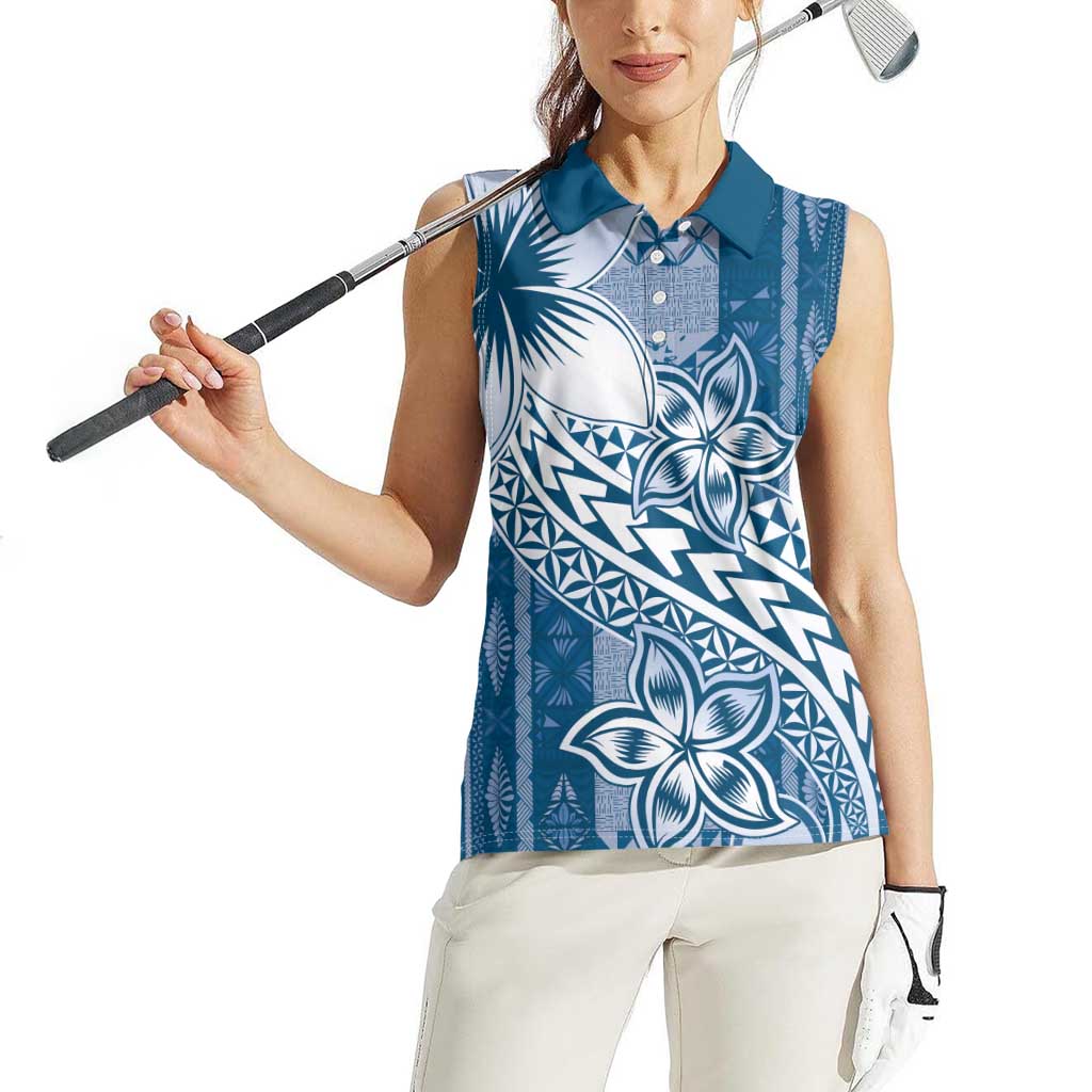 Tonga Kupesi Ngatu Women Sleeveless Polo Shirt Vintage Blue Plumeria LT05 - Polynesian Pride