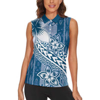 Tonga Kupesi Ngatu Women Sleeveless Polo Shirt Vintage Blue Plumeria LT05 - Polynesian Pride