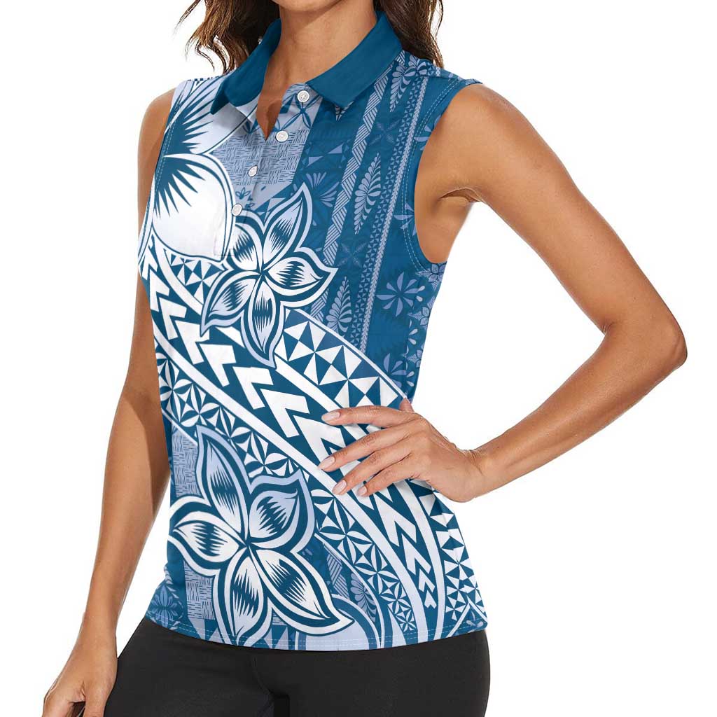 Tonga Kupesi Ngatu Women Sleeveless Polo Shirt Vintage Blue Plumeria LT05 - Polynesian Pride