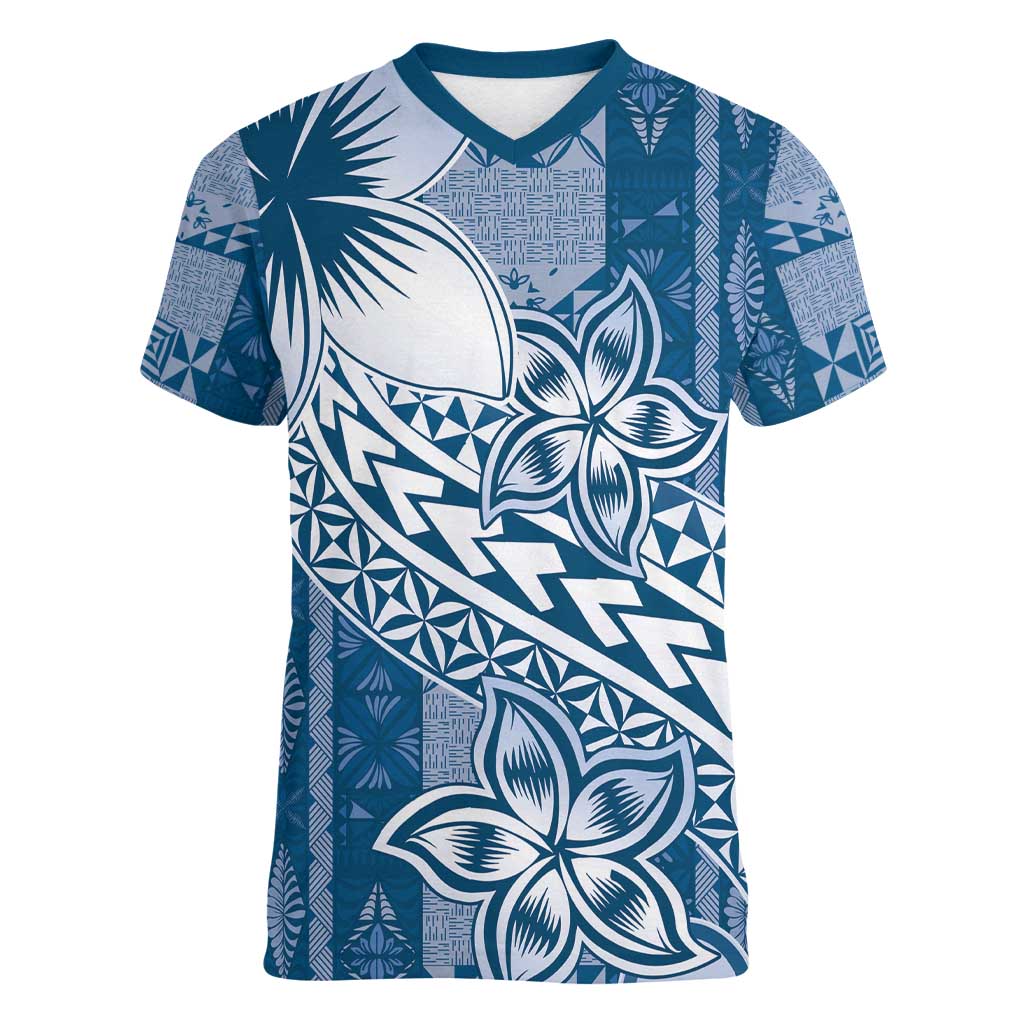 Tonga Kupesi Ngatu Women V-Neck T-Shirt Vintage Blue Plumeria LT05 Female Blue - Polynesian Pride