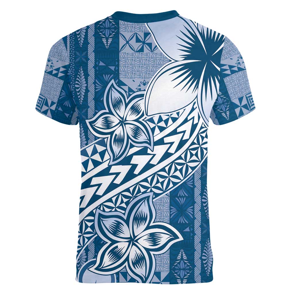 Tonga Kupesi Ngatu Women V-Neck T-Shirt Vintage Blue Plumeria LT05 - Polynesian Pride