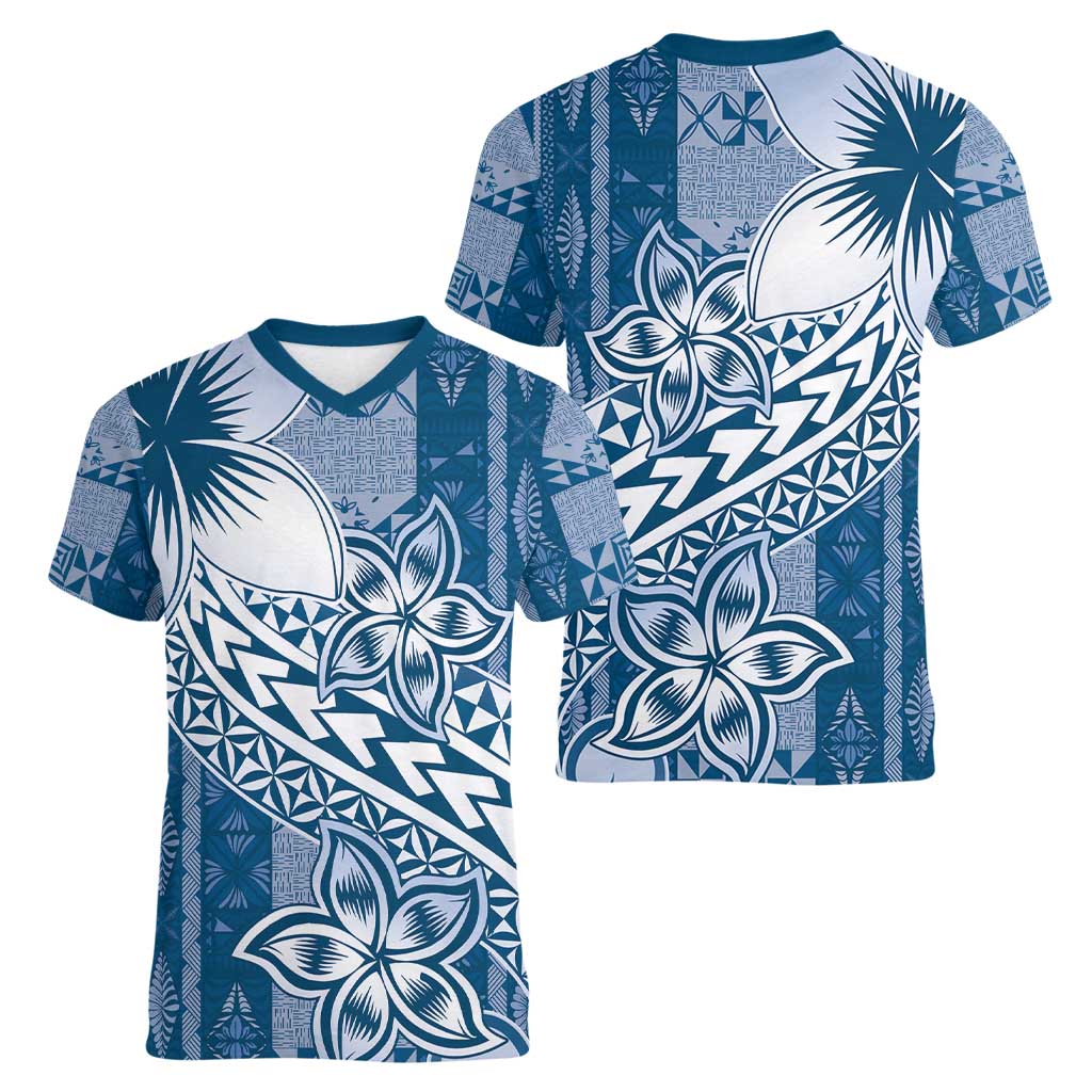 Tonga Kupesi Ngatu Women V-Neck T-Shirt Vintage Blue Plumeria LT05 - Polynesian Pride