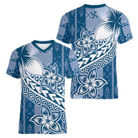 Tonga Kupesi Ngatu Women V-Neck T-Shirt Vintage Blue Plumeria LT05 - Polynesian Pride