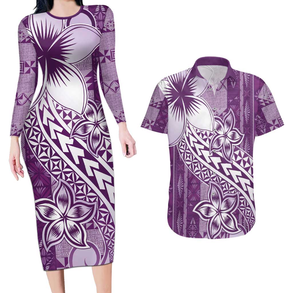 Tonga Kupesi Ngatu Couples Matching Long Sleeve Bodycon Dress and Hawaiian Shirt Vintage Purple Plumeria LT05 Purple - Polynesian Pride