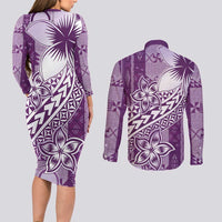 Tonga Kupesi Ngatu Couples Matching Long Sleeve Bodycon Dress and Long Sleeve Button Shirt Vintage Purple Plumeria LT05 - Polynesian Pride