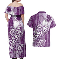 Tonga Kupesi Ngatu Couples Matching Off Shoulder Maxi Dress and Hawaiian Shirt Vintage Purple Plumeria LT05 - Polynesian Pride