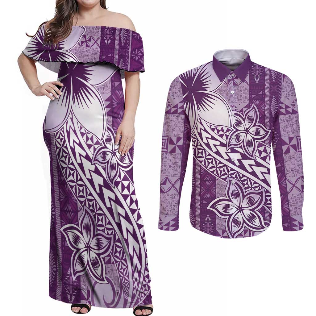 Tonga Kupesi Ngatu Couples Matching Off Shoulder Maxi Dress and Long Sleeve Button Shirt Vintage Purple Plumeria LT05 Purple - Polynesian Pride