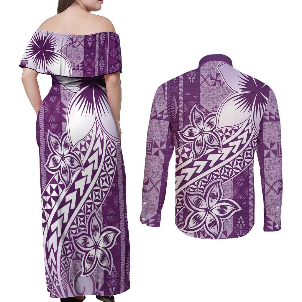 Tonga Kupesi Ngatu Couples Matching Off Shoulder Maxi Dress and Long Sleeve Button Shirt Vintage Purple Plumeria LT05 - Polynesian Pride