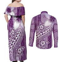 Tonga Kupesi Ngatu Couples Matching Off Shoulder Maxi Dress and Long Sleeve Button Shirt Vintage Purple Plumeria LT05 - Polynesian Pride