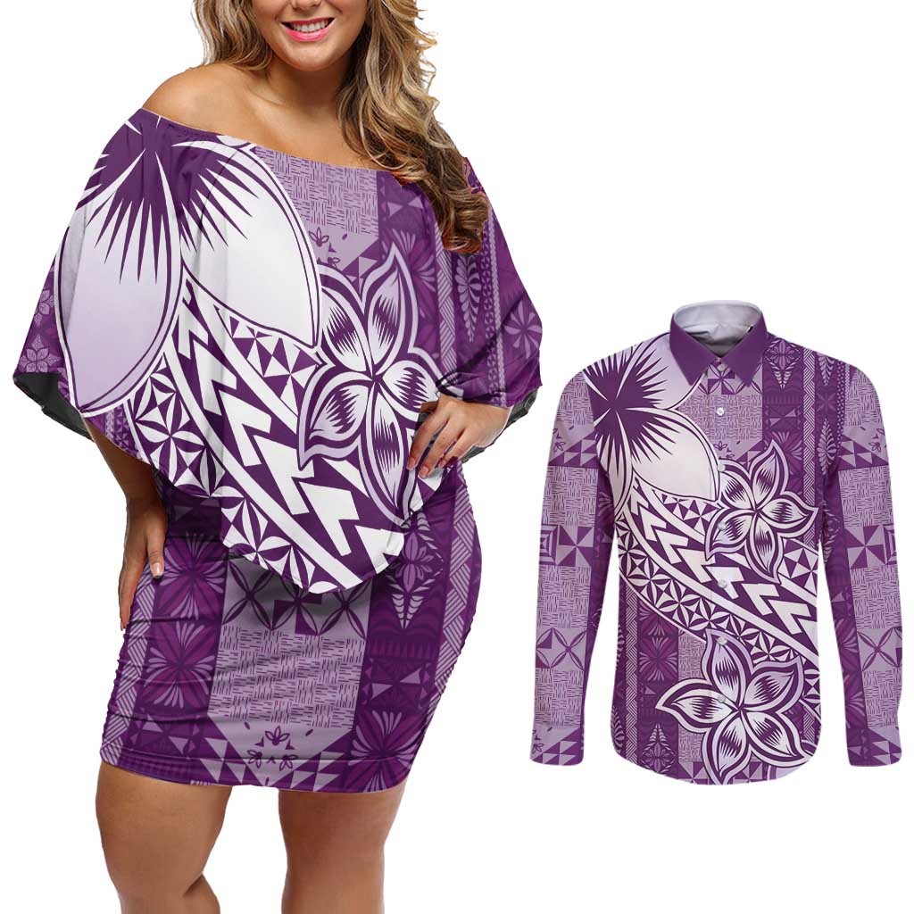Tonga Kupesi Ngatu Couples Matching Off Shoulder Short Dress and Long Sleeve Button Shirt Vintage Purple Plumeria LT05 Purple - Polynesian Pride