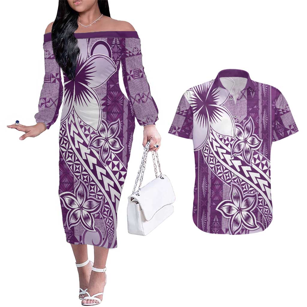 Tonga Kupesi Ngatu Couples Matching Off The Shoulder Long Sleeve Dress and Hawaiian Shirt Vintage Purple Plumeria LT05 Purple - Polynesian Pride