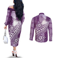 Tonga Kupesi Ngatu Couples Matching Off The Shoulder Long Sleeve Dress and Long Sleeve Button Shirt Vintage Purple Plumeria LT05 - Polynesian Pride