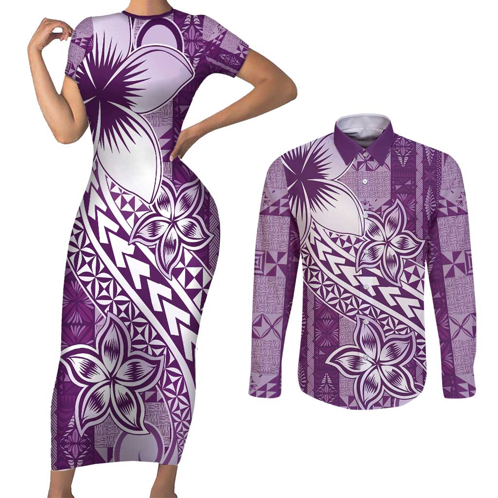 Tonga Kupesi Ngatu Couples Matching Short Sleeve Bodycon Dress and Long Sleeve Button Shirt Vintage Purple Plumeria LT05 Purple - Polynesian Pride