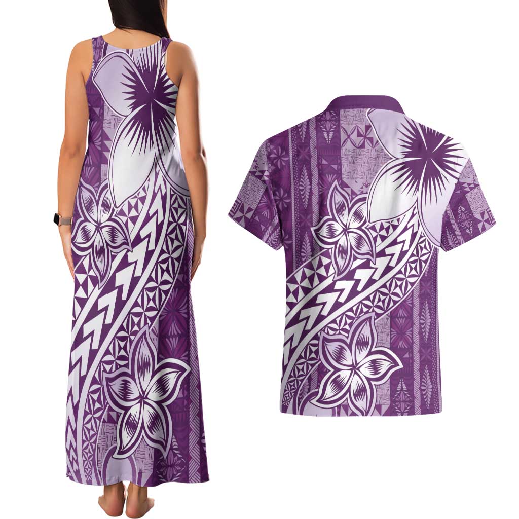 Tonga Kupesi Ngatu Couples Matching Tank Maxi Dress and Hawaiian Shirt Vintage Purple Plumeria LT05 - Polynesian Pride