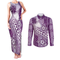 Tonga Kupesi Ngatu Couples Matching Tank Maxi Dress and Long Sleeve Button Shirt Vintage Purple Plumeria LT05 Purple - Polynesian Pride