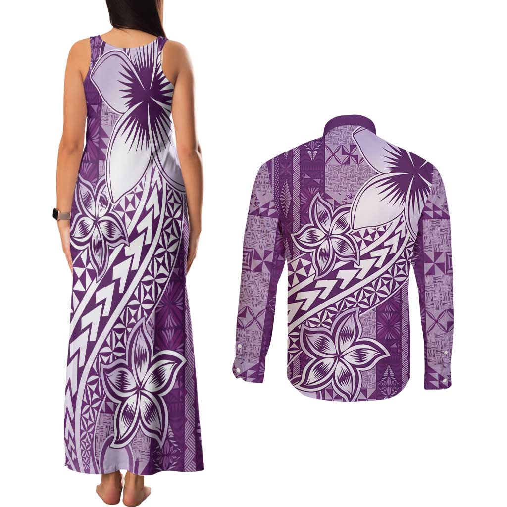 Tonga Kupesi Ngatu Couples Matching Tank Maxi Dress and Long Sleeve Button Shirt Vintage Purple Plumeria LT05 - Polynesian Pride