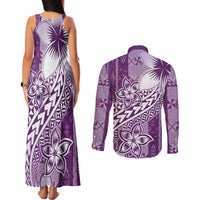 Tonga Kupesi Ngatu Couples Matching Tank Maxi Dress and Long Sleeve Button Shirt Vintage Purple Plumeria LT05 - Polynesian Pride