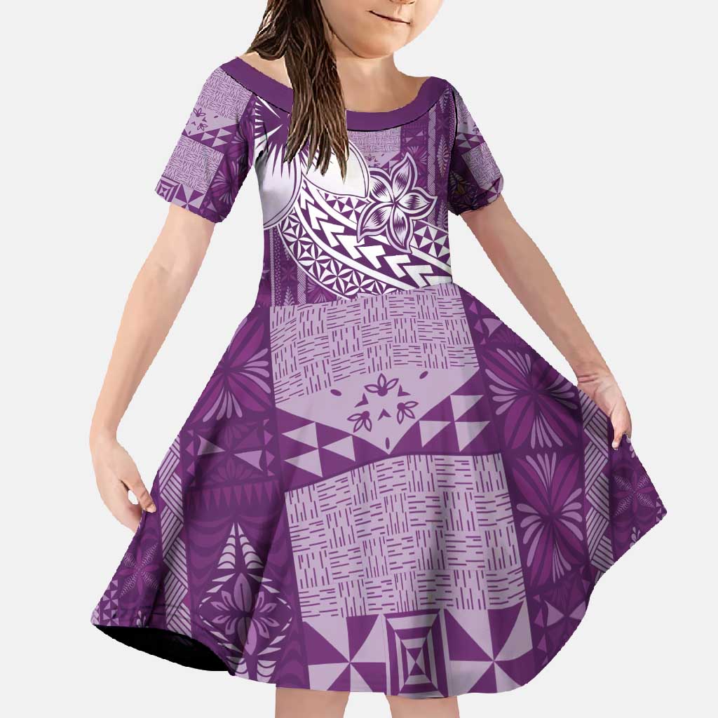 Tonga Kupesi Ngatu Family Matching Mermaid Dress and Hawaiian Shirt Vintage Purple Plumeria LT05 Daughter's Dress Purple - Polynesian Pride
