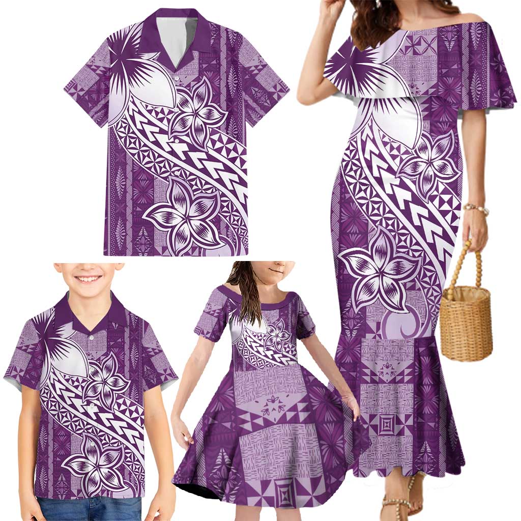 Tonga Kupesi Ngatu Family Matching Mermaid Dress and Hawaiian Shirt Vintage Purple Plumeria LT05 - Polynesian Pride
