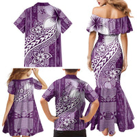 Tonga Kupesi Ngatu Family Matching Mermaid Dress and Hawaiian Shirt Vintage Purple Plumeria LT05 - Polynesian Pride